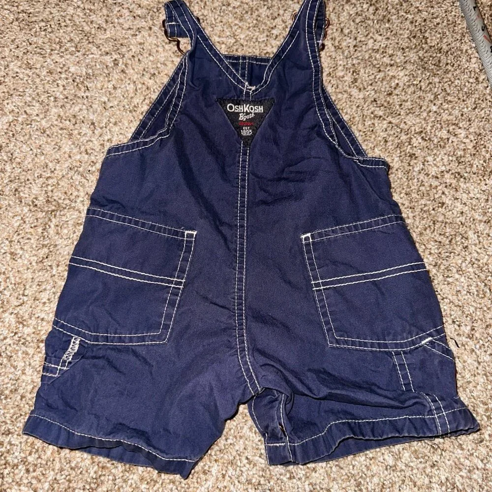 VTG OSHKOSH Navy Blue SHORTALLS 9 MO VESTBAK adjustable strap WHITE STITCHING